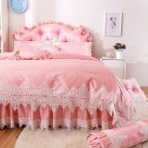 Elegant Girls Pink with White Lace Design Gathered Stylish Feminine Feel 100% Cotton Full, Queen Size Bedding Sets