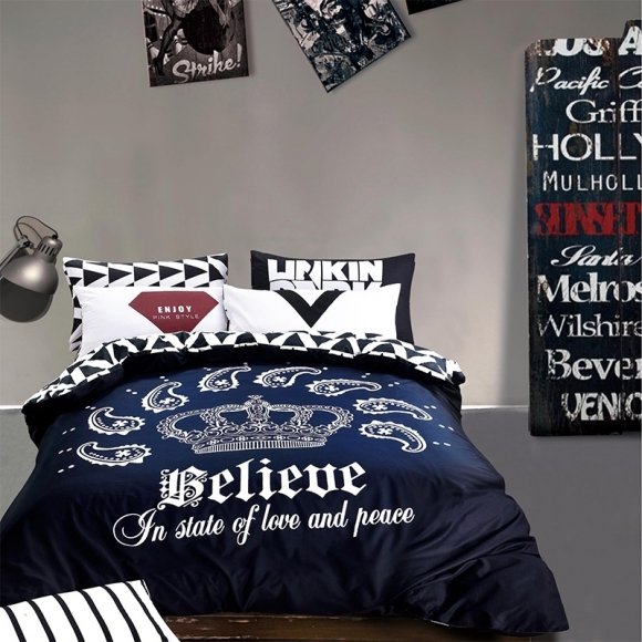 Boys Deep Blue Black and White Crown Print Paisley Pop Hipster Style Unique 100% Cotton Twin, Full Size Bedding Sets