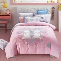 Pastel Pale Pink White and Gray Monogrammed with Animal Rabbit and Heart Print Elegant Girly Girls Full, Queen Size Cotton Bedding Sets