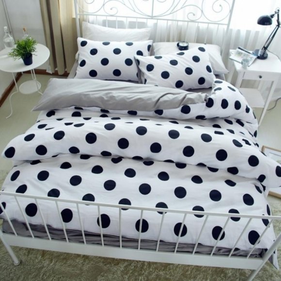 Contemporary Modern Chic Black White and Light Gray Polka Dot Print Elegant Girls 100% Cotton Twin, Full, Queen Size Bedding Sets