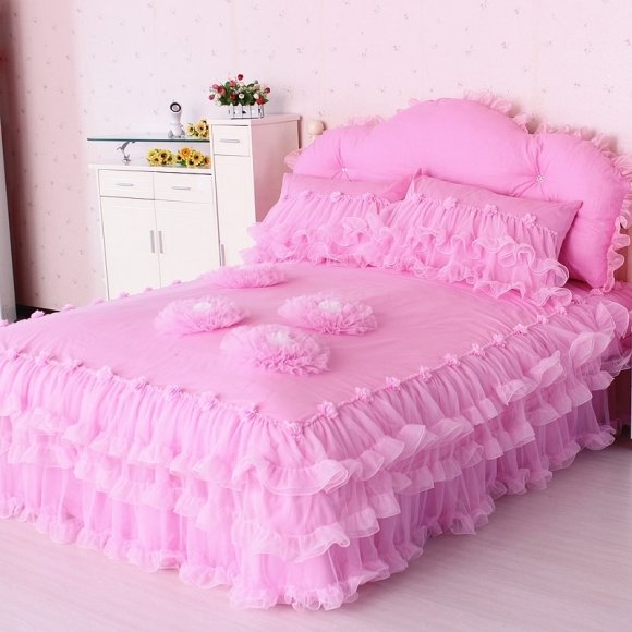Sophisticated Elegant Solid Pink Applique Flower Romantic Waterfall Frilly Ruffle Girly Girls Cotton Twin, Full, Queen Size Bedding Sets