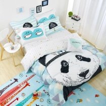 Light Blue Black and White Panda Print Jungle Animal Themed Cute Kids Full, Queen Size Bedding Sets