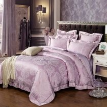 Lilac and Silver Medieval Pattern Indian Moroccan Style Old Fashion Jacquard Satin Full, Queen Size Bedding Sets