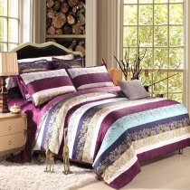 Purple Blue Gold and Beige Stripe and Bohemian Chic Exotic Southwestern Style 100% Egyptian Cotton Full, Queen Size Bedding Sets