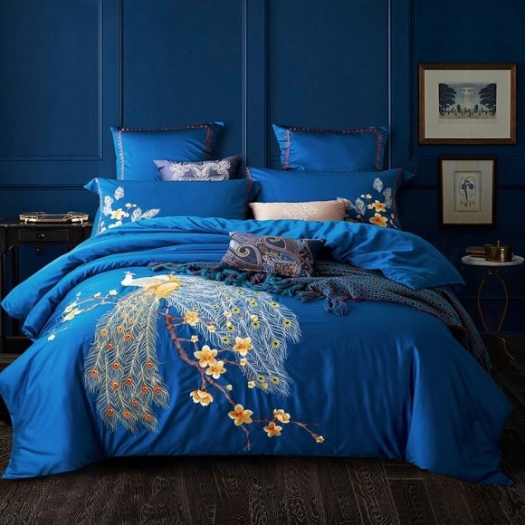 Fancy Peacock Blue Yellow and White Peacock Print Sophisticated Elegant 100% Egyptian Cotton Full, Queen Size Bedding Sets
