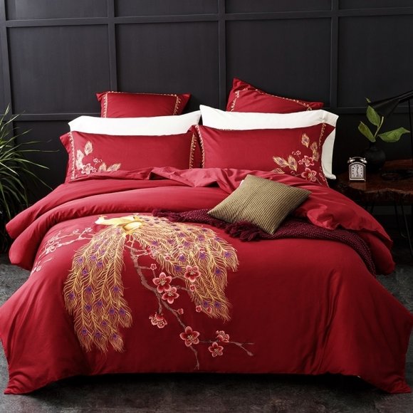 Fancy Carmine Red and Gold Peacock Print Beautiful Animal Themed Exotic Luxury Egyptian Cotton Full, Queen Size Bedding Sets