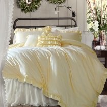 Luxurious Solid Yellow Embroidered Flower Romantic Simply Shabby Chic Ruffle Unique Adults Full, Queen Size Bedding Sets