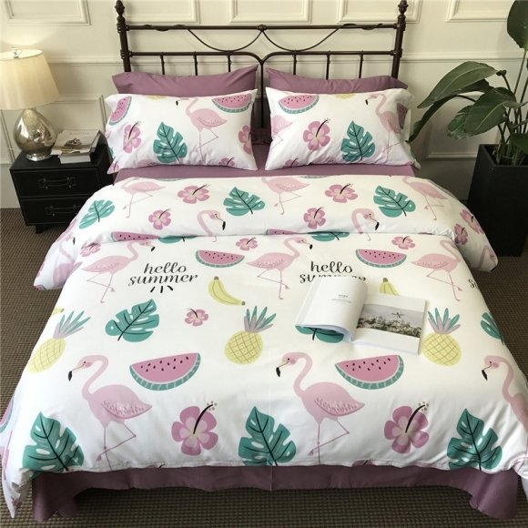 Dusty Rose Pink White Teal and Yellow Fun Tropical Flamingo Leaf Monogrammed Watermelon Pineapple Print Twin, Full, Queen Size Bedding Sets