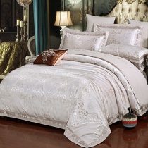 Luxury Silver White Rococo Pattern Indian Pattern Bohemian Style Embroidered Jacquard Satin Full, Queen Size Bedding Sets