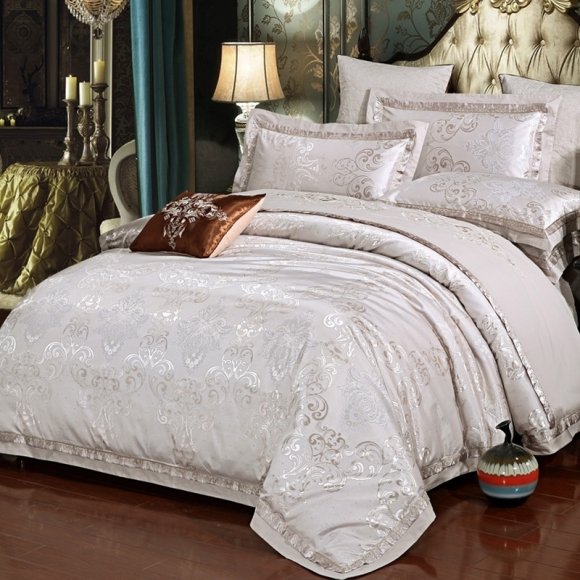 Luxury Silver White Rococo Pattern Indian Pattern Bohemian Style Embroidered Jacquard Satin Full, Queen Size Bedding Sets