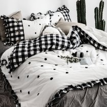 Boutique Black and White Gingham Plaid Print Polka Dot Print Ruched Ruffle Elegant Girls Full, Queen Size Bedding Sets