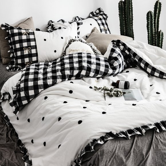 Boutique Black and White Gingham Plaid Print Polka Dot Print Ruched Ruffle Elegant Girls Full, Queen Size Bedding Sets