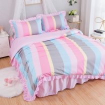 Bright Colorful Pale Pink Gray Blue and Yellow Vertical Rainbow Stripe Print Elegant Girls Ruched Ruffle Full, Queen Size Bedding Sets