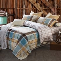 Light Blue Gold White and Chocolate Brown Tartan Plaid and Gingham Print Scottish Style Full Size Bedding Sets