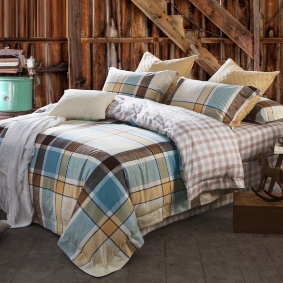 Light Blue Gold White and Chocolate Brown Tartan Plaid and Gingham Print Scottish Style Full Size Bedding Sets