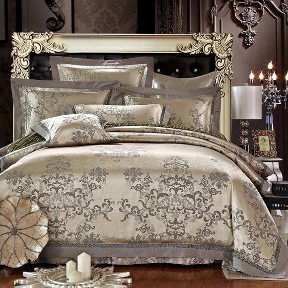 Glitter Champagne Gold and Brown Gothic Scroll and Floral Print Retro Shabby Chic Luxury Jacquard Satin Full, Queen Size Bedding Sets