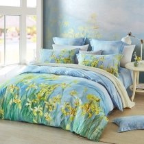 Beautiful Light Blue Gold Yellow and Green Wildflower Iris Print Tropical Hawaiian Full, Queen Size Bedding Sets