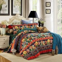 Dark Blue Green Red and Yellow Flower and Tribal Print French Country Chic Bright Colorful Full, Queen Size Bedding Sets