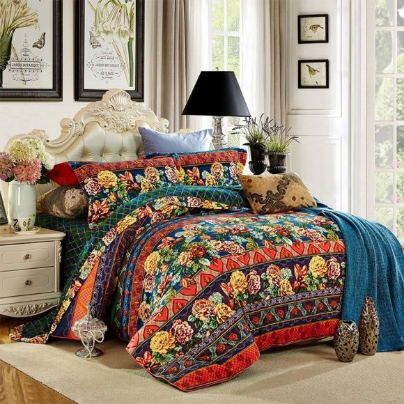 Dark Blue Green Red and Yellow Flower and Tribal Print French Country Chic Bright Colorful Full, Queen Size Bedding Sets