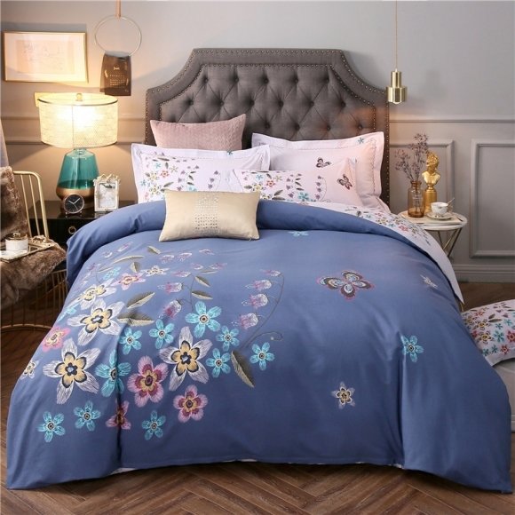 Blue Purple Pink and Slate Gray Floral and Butterfly Print Watercolor Vintage Look Full, Queen Size Bedding Sets