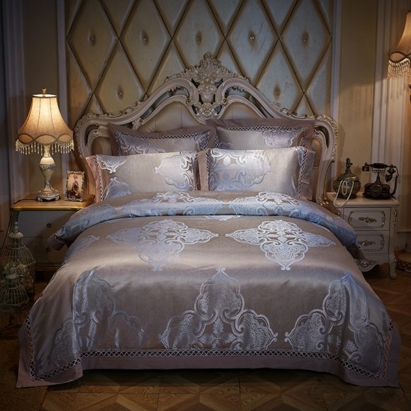 Silver and Gray Vintage Gothic Pattern Baroque Style Retro Jacquard Satin Full, Queen Size Bedding Sets