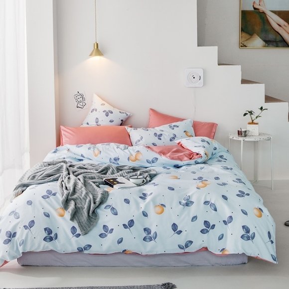 Light Blue Coral and Gray Leaf and Orange Print Rustic Chic Bedding Sets