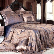 Personalized Navy Blue Gold and Khaki Bohemian Pop Western Paisley and Vintage Floral Print Queen Size Luxury Silk Satin Bedding Sets