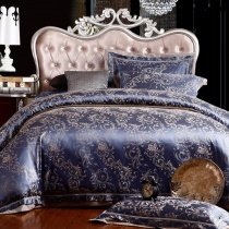 Boutique Dark Blue and Gold Vintage Chic Floral Print Scroll Pattern Full, Queen Size Luxury Jacquard Bedding Sets
