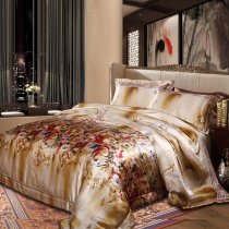 Elegant Khaki Brown Off-white and Colorful Beautiful Country Floral Print Full, Queen Size Feminine Silk Satin Bedding Sets
