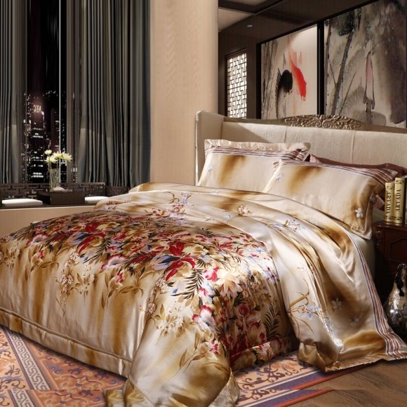 Elegant Khaki Brown Off-white and Colorful Beautiful Country Floral Print Full, Queen Size Feminine Silk Satin Bedding Sets