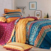 Unusual Teal Blue Yellow and Burgundy Bohemian Chic Southwestern Gypsy Tribal and Stripe Print Adults Full, Queen Size Cotton Bedding Sets