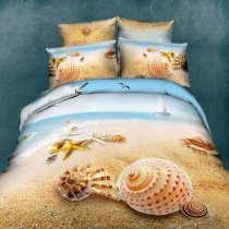 Light Tan White and Aqua Blue Beach Scene Ocean Life 3D Seagull Starfish and Seashell Print with Sail Boat Kids Full Size Bedding Sets