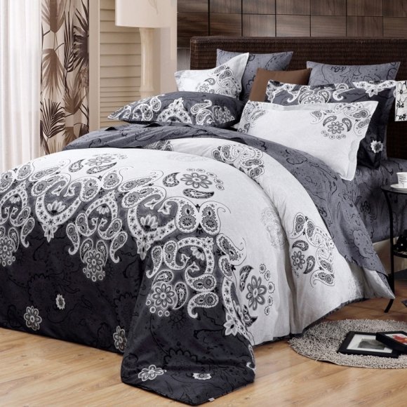 Black White and Slate Grey Medieval Tribal Pattern Classic Pop Western Paisley Print Full, Queen Size Adults Guys Cotton Bedding Sets