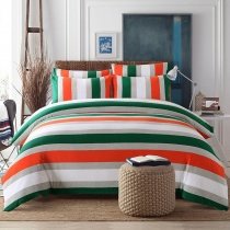 Dark Green Orange Grey and White Rugby Stripe Print Modern Chic Knitted Full, Queen Size Bedding Sets