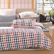 Modern Black White Coral and Coffee Houndstooth Print Hipster Style Full, Queen Size Bedding Sets for Teens