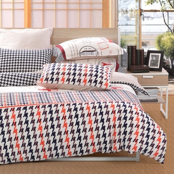 Modern Black White Coral and Coffee Houndstooth Print Hipster Style Full, Queen Size Bedding Sets for Teens