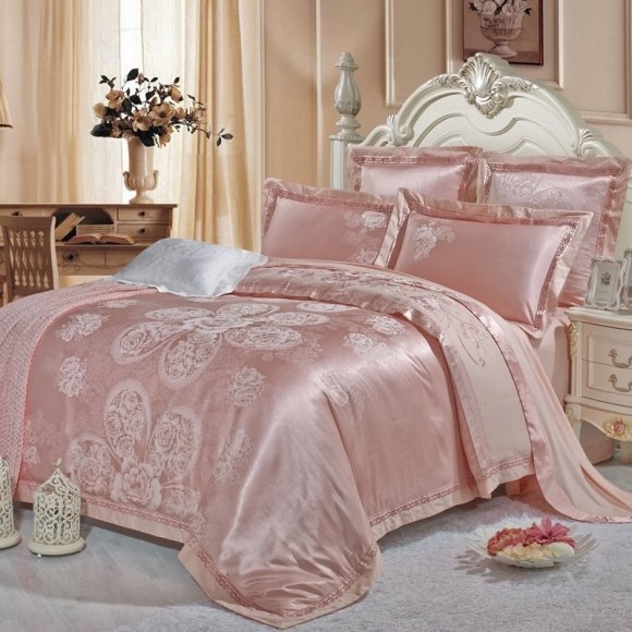 Boutique Puce Flower Pattern Elegant Girls Sparkle Jacquard Satin Embroidered Design Full, Queen Size Bedding Sets