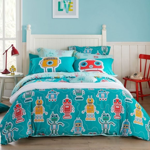 Kids Turquoise Red Orange and Grey Robot Print Hipster Style Modern and Fun Twin, Full, Queen Size Bedding Sets