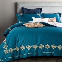 Noble Excellence Cerulean and Gold Tribal Pattern Royal Inspired Luxury Hotel Style Egyptian Cotton Full, Queen Size Bedding Sets