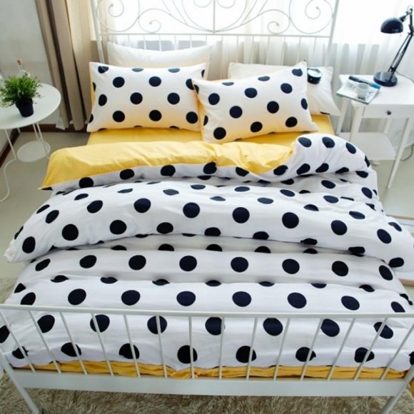 Modern Chic Black White and Bright Yellow Polka Dot Print Boutique Elegant Girls 100% Cotton Twin, Full, Queen Size Bedding Sets