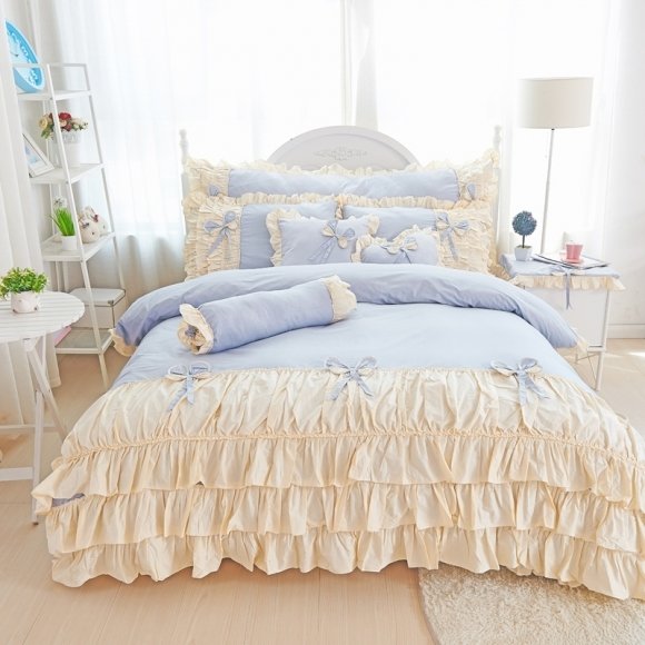 Hipster Slate Blue and Cream Waterfall Frilly Ruffle Bow Sophisticated Elegant Girly Girls Cotton Twin, Full, Queen Size Bedding Sets