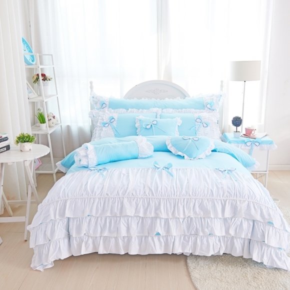 Sophisticated Elegant Aqua Blue and White Unique Waterfall Frilly Ruffle Girly Teen Girls Cotton Twin, Full, Queen Size Bedding Sets
