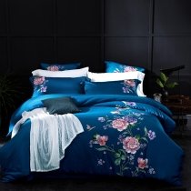 Boutique Deep Blue Green and Pink Beautiful Floral Print Tropical Style 100% Egyptian Cotton Full, Queen Size Bedding Sets
