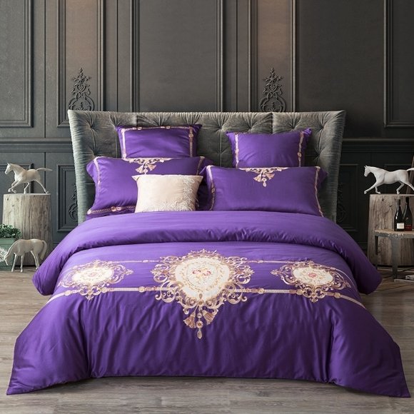 Fancy Purple and Rose Gold Exotic Indian Pattern Royal Style Noble Excellence 100% Egyptian Cotton Full, Queen Size Bedding Sets