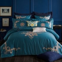Dark Teal and Gold Victorian Indian Pattern Baroque Style Noble Excellence 100% Egyptian Cotton Full, Queen Size Bedding Sets