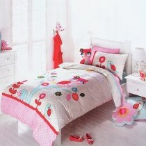 Beautiful Colorful Owl and Hedgehog Print Tree Top Embroidered Cute Girly Cartoon Animal Themed Twin, Full Size Bedding Sets