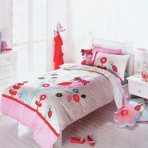 Beautiful Colorful Owl and Hedgehog Print Tree Top Embroidered Cute Girly Cartoon Animal Themed Twin, Full Size Bedding Sets