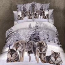 Brown and White Wolf Print 3D Design Jungle Safari Animal Themed 100% Cotton Full, Queen Size Bedding Sets