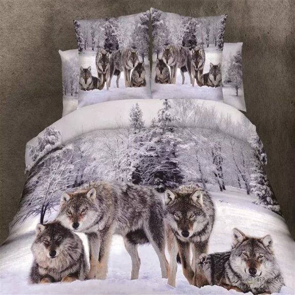 Brown and White Wolf Print 3D Design Jungle Safari Animal Themed 100% Cotton Full, Queen Size Bedding Sets