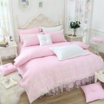 Pastel Pink and White Gothic Pattern Romantic Drop Ruffle Lace Sophisticated Elegant Girls Twin, Full, Queen Size Bedding Sets